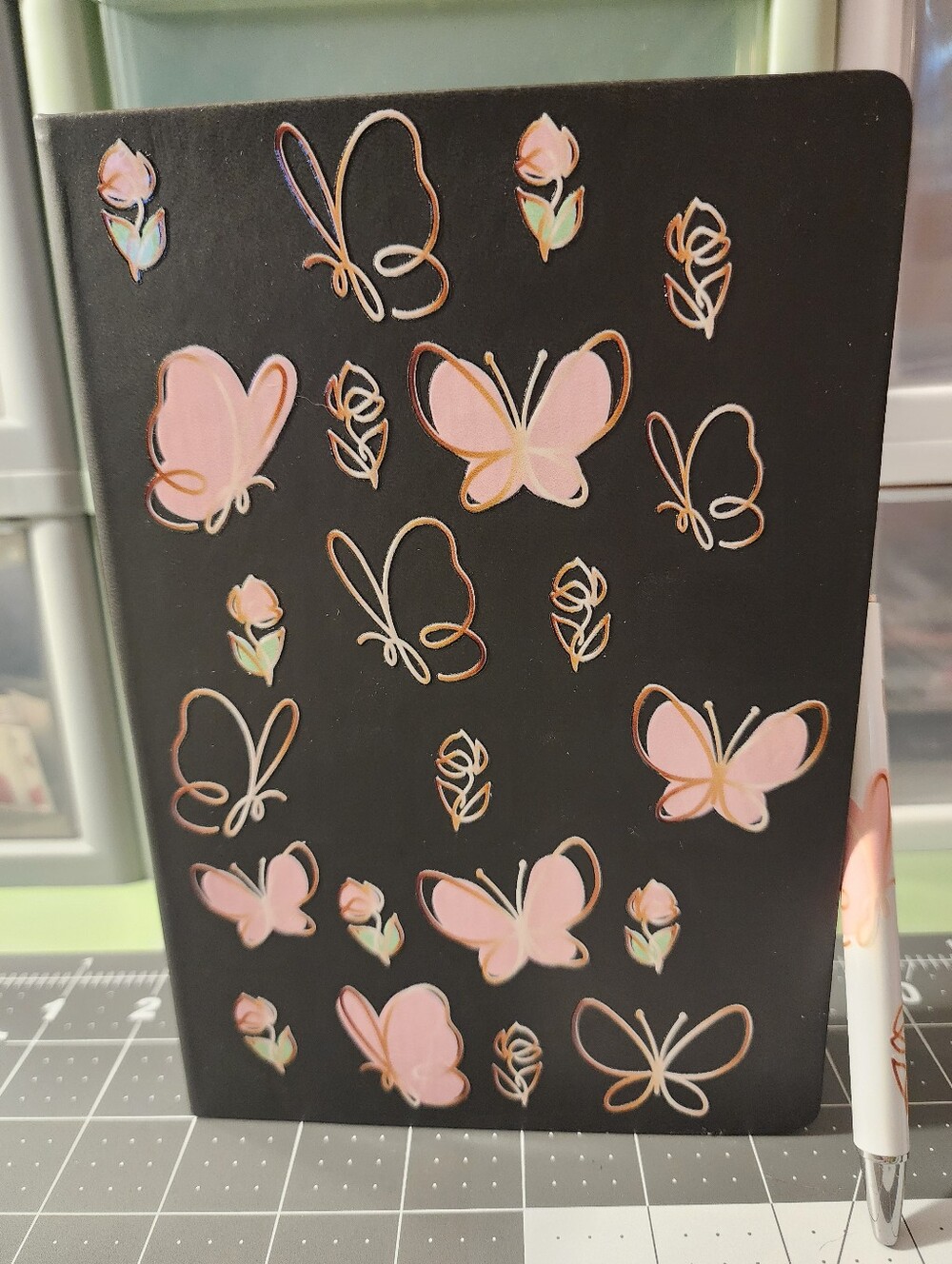 Black Notebook with Pink & Rose Gold Butterfly Design